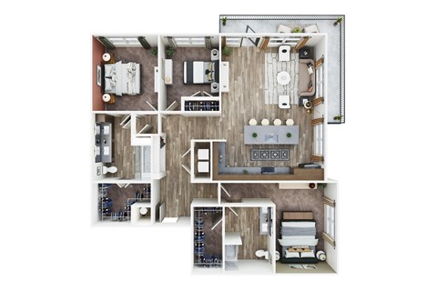a 3d floor plan of a bedroom with a bathroom and a living room